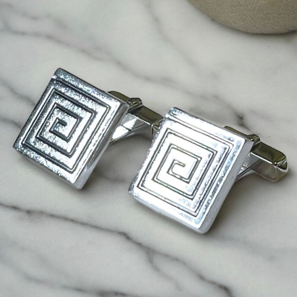 Vintage Swank Cufflinks Mens Silver Tone Greek Key Spiral Vector Symbol Signed